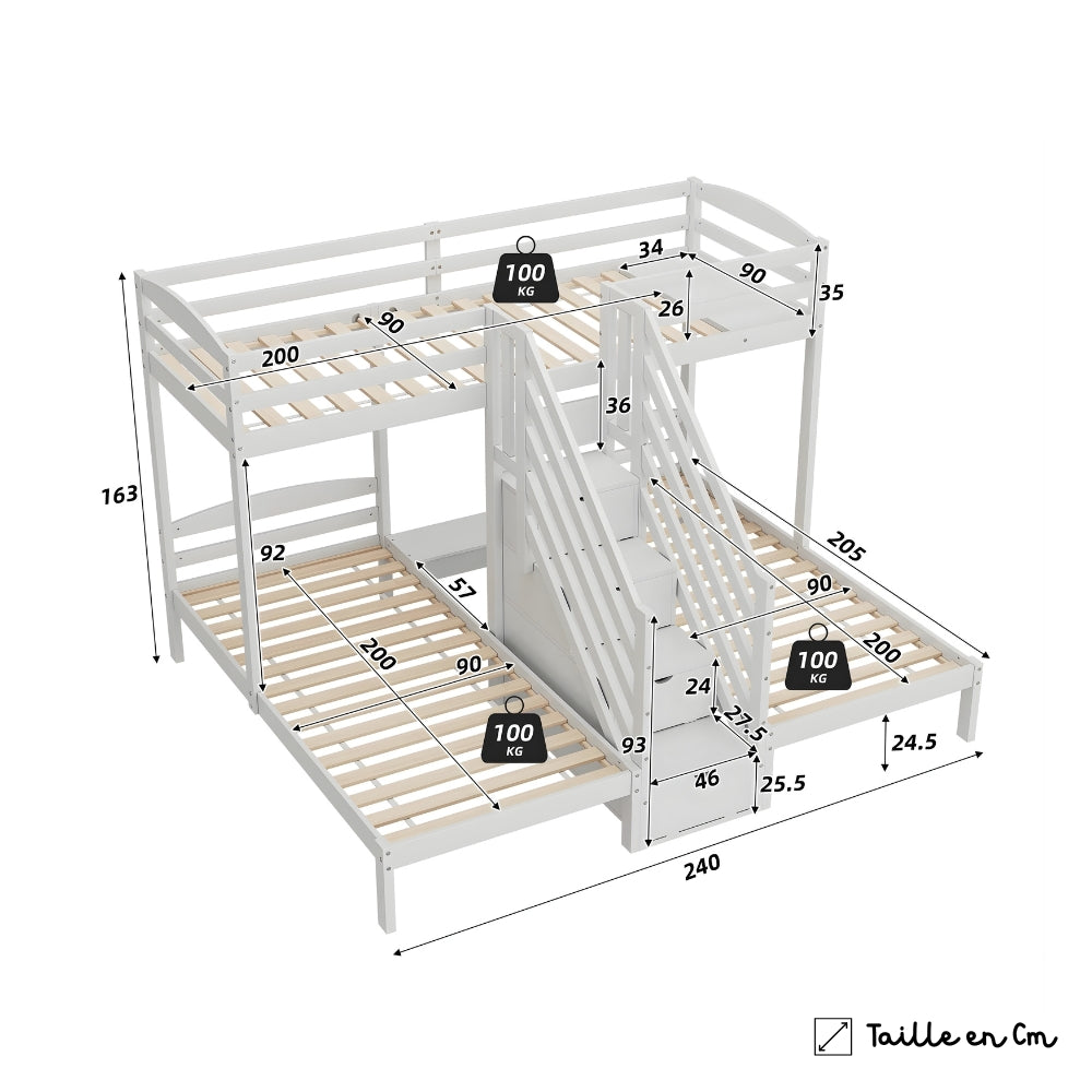 Lit Superposé 3 Couchages Avec Rangements - Mathilde