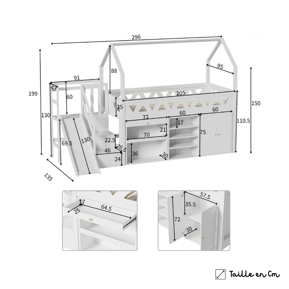 Lit Cabane Bibliothèque Intégrée - Jade